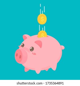Pink Piggy Bank Vector That has a lot of dollars inside Money saving concept.