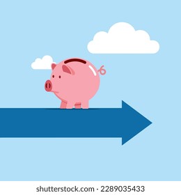 Pink piggy bank walking on arrow in wrong opposite direction of trend arrow. Modern vector illustration in flat style