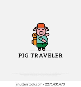 Pink piggy bank wear hat with travel bag logo designs . The creative concept of traveling. cute animal cartoon vector flat style illustration