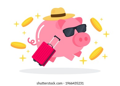 Pink piggy bank wear sunglasses and hat with travel bag and floating golden coins. The creative concept of saving money for traveling. Simple trendy cute cartoon vector flat style illustration.