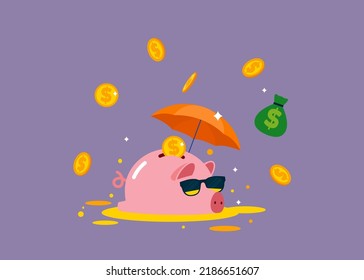 Pink piggy bank wear sunglasses floating golden coins. The creative concept of saving money. Simple trendy cute cartoon vector flat style illustration.
