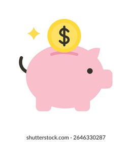 Um piggy bank rosa com uma moeda de dólar amarelo no ícone superior. Adequado para economias financeiras, conceitos bancários, ilustrações de gerenciamento de dinheiro.