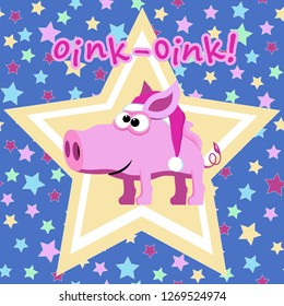 pink piggy in big gold star on seamless background
