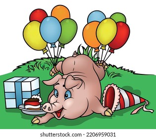 Pink Piggy at the Celebration with Colored Party Balloons and Gift with Cake and Party Cap - Cartoon Illustration with Background, Vector