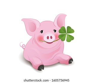 Pink piggy with shamrock,
New Years Eve and lucky charm card,
Vector illustration isolated on white background
