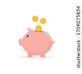 Pink Piggybank icon and dollar coin icons that are being poured into the piggy bank Simple and modern design, used for website illustration, vector illustration, isolated on a white background.