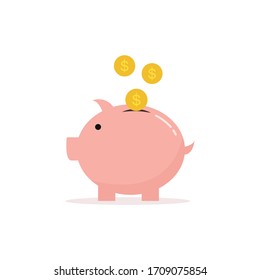 Pink Piggybank icon and dollar coin icons that are being poured into the piggy bank Simple and modern design, used for website illustration, vector illustration, isolated on a white background.