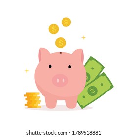 Pink Piggybank icons and dollar coins being put in the piggy bank Simple and modern design Used for website illustrations Money-saving concept Vector illustration isolated on white background.