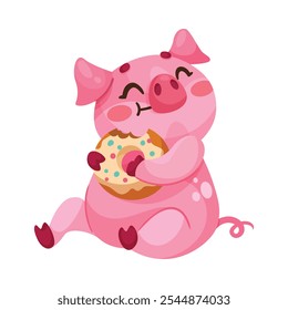 Personagem de leitão rosa Sentar e comer rosca Vetor Ilustração