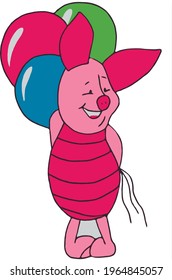 pink piglet hides balloons behind its back