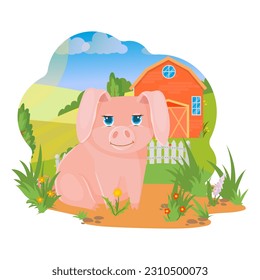 Pink piglet. Pig. Agricultural animals. Pets. Village. Farm. Vector illustration on a white background.