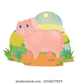 Pink piglet. Pig. Agricultural animals. Pets. Village. Farm. Vector illustration on a white background.