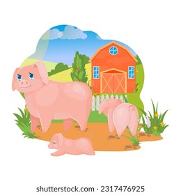 Pink piglet. Pig. Agricultural animals. Pets. Village. Farm. Vector illustration on a white background.