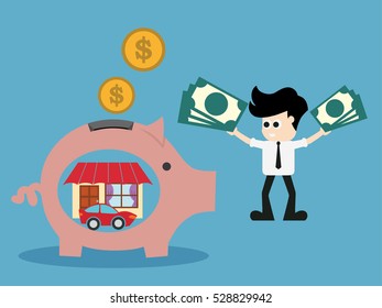 Pink pig-moneybox. Save money for house property .vector illustration.