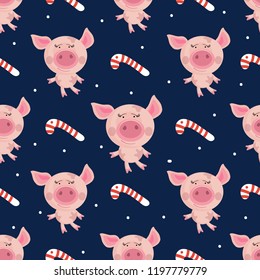 Pink pigs on a blue background with candy. Suitable for cloth, holiday, Wallpaper, background, paper, postcards.