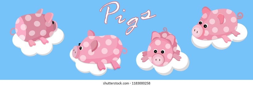 Pink pigs on clouds on a blue background