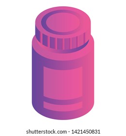 Pink pill bottle icon. Isometric of pink pill bottle vector icon for web design isolated on white background