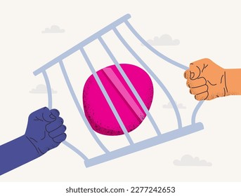 A pink pill in a cage and hands trying to get it. The concept of banning drugs for abortion. Vector flat illustration.