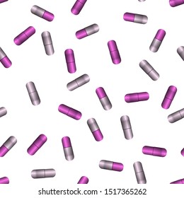 Pink pill capsules. Vector illustration. Medicament antibiotics. Seamless pattern background.