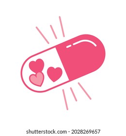 A pink pill with small hearts inside. A pill for falling in love. Vector illustration in cartoon children s style. Isolated funny clipart on a white background. Cute print. Chemical senses concept.