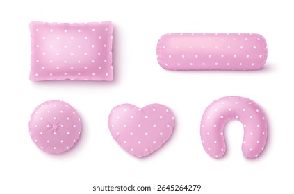 Pink pillow and cushion 3d set with white polka dot pattern. Sweet decorative shapes - rectangular and bolster, round and heart, neck travel. Cute nursery bedding for girls room, baby designs.