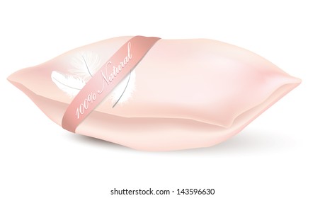 Pink pillow isolated. Natural product label. Feather Vector illustration.