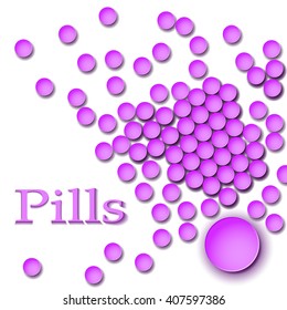 Pink pills. Scattering of pills. Tablets top view. Pills isolated on white.