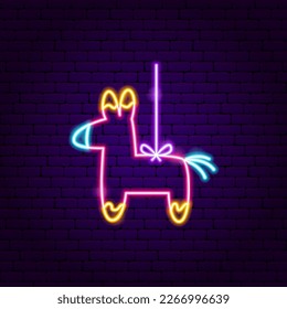 Pink Pinata Neon Sign. Vector Illustration of Hispanic Religion Holiday Glowing Led Electric Light.