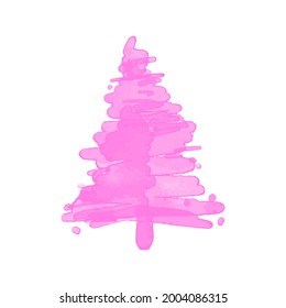 Pink pine tree silhouette illustration. Festive forest vector icon in a seasonal watercolor design. Abstract fir drawing.