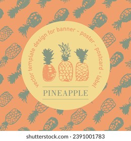 Pink pineapple emblem on pineapple pattern seamless. Ananas background for food packaging or cosmetic label design. Fruit ornament for banner background with natural drawing textures. Fine art style.