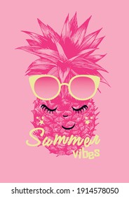 Pink Pineapple With Face And Glasses On Pink Background. Vector Illustration.