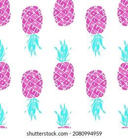 pink pineapple pattern. seamless pattern drawing in the style of a whole pineapple doodle, side view, pink with turquoise leaves on white for a summer design template