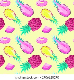 Pink pineapple slices on yellow backdrop. Tropical fruit seamless pattern for wrap paper, bath tile, apparel or bed linen. Phone case or cloth print art. Drawn style stock vector illustration