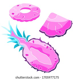 Pink pineapple sticker set on white isolated backdrop. Fruit pieces for gift card, healthy food shop logo, bath tile, juice pack. Phone case or cloth print art. Drawn style stock vector illustration