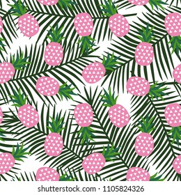 pink pineapple with triangles geometric fruit summer tropical exotic hawaii pattern on a green palm leaves background seamless vector.