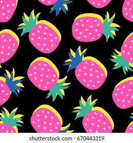 Pink pineapples with yellow shadows pattern on black background