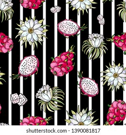 Pink pitaya. Seamless pattern.Summer tropical food.Red dragon whole fruit and half.Vector hand drawn illustration on black striped background for print, textile, fabric, wrapping paper.