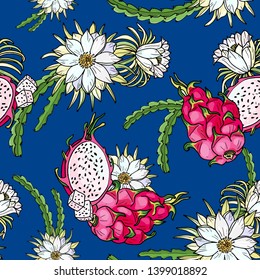 Pink pitaya.Seamless pattern.Summer tropical food.Red dragon whole fruit,half with flowering cactus.Vector hand drawn illustration on a blue background for print,textile,fabric,wrapping paper.