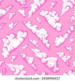 Pink Pixel Art Cloud. Nahtloses Muster. 8 Bit Objekte für Mädchen. Kunst, digitale Icons. Retro-Anlagen. Klassischer Spielstil. Zeichensatz. Vektorillustration.