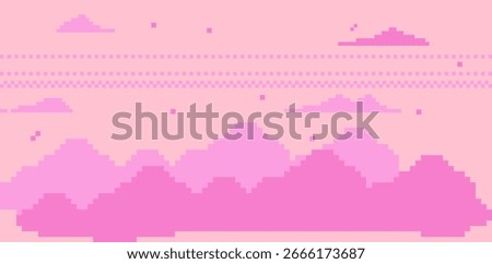 Pink pixel art clouds on pale pink pastel background. Pixelated minimal cumulus clouds. Game abstract cloudscape arcade pattern. 8 bit retro style sky vector illustration for nostalgic digital design