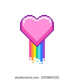 A pink pixel art heart with rainbow representing love.