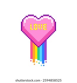 A pink pixel art heart with rainbow representing love.