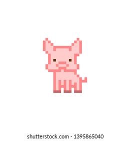 Pink pixel art pig character isolated on white background. Domesitc animal icon. Cute 8 bit logo. Retro vintage 80s; 90s slot machine/video game graphics. Chinese zodiac symbol.