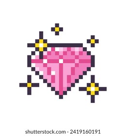 Pink pixel diamond isolated on white background. Gemstone icon. Game item. Vector pixel art illustration in 8-bit old style.