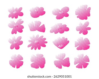 Floral de meio-tom de gradiente de pixel rosa. Uma coleção completa de 16 formas florais em gradiente de pixel de meio-tom rosa com pétalas arredondadas flores abstratas. Perfeito para ícones botânicos de design decorativo