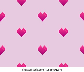 Pink pixel heart on pink background, seamless vector pattern. Stock illustration for web, print, background and wallpaper, textile, scrapbooking and wrapping paper. 