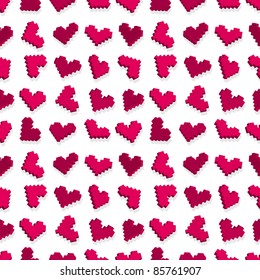 Pink pixel heart seamless background pattern. Vector illustration.