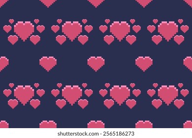 Pink Pixel Hearts on Dark Blue Background - Romantic Valentine's Day Pattern, Retro Pixel Art, Love-Themed Design for Crafts, Decorative Projects, and Sweet Valentine's Graphics