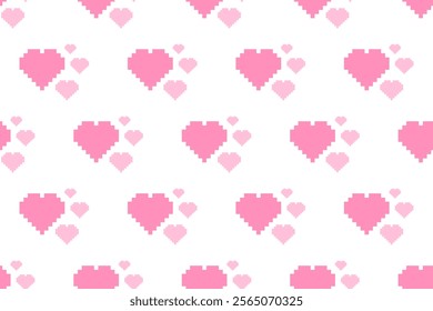 Pink Pixel Hearts Pattern on White Background - Romantic Design, Cute Valentine's Theme, Retro Pixel Art for Graphic Design, Decorative Crafts, and Love-Themed Projects