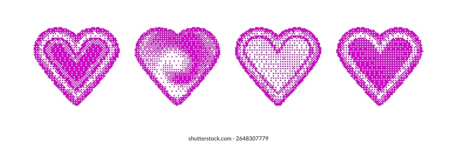 Pink pixel hearts with y2k halftone effects - digital love icons with gradient square dots in retro 8 bit game style. Valentine graphics collection in nostalgic computer art for romantic designs.
